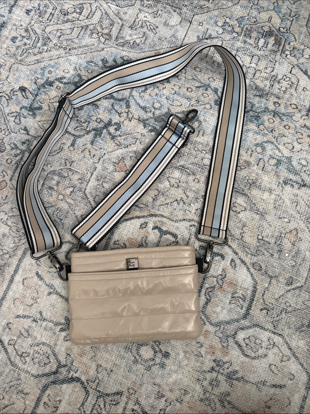 Neutral Quilted Crossbody with Striped Adjustable Strap